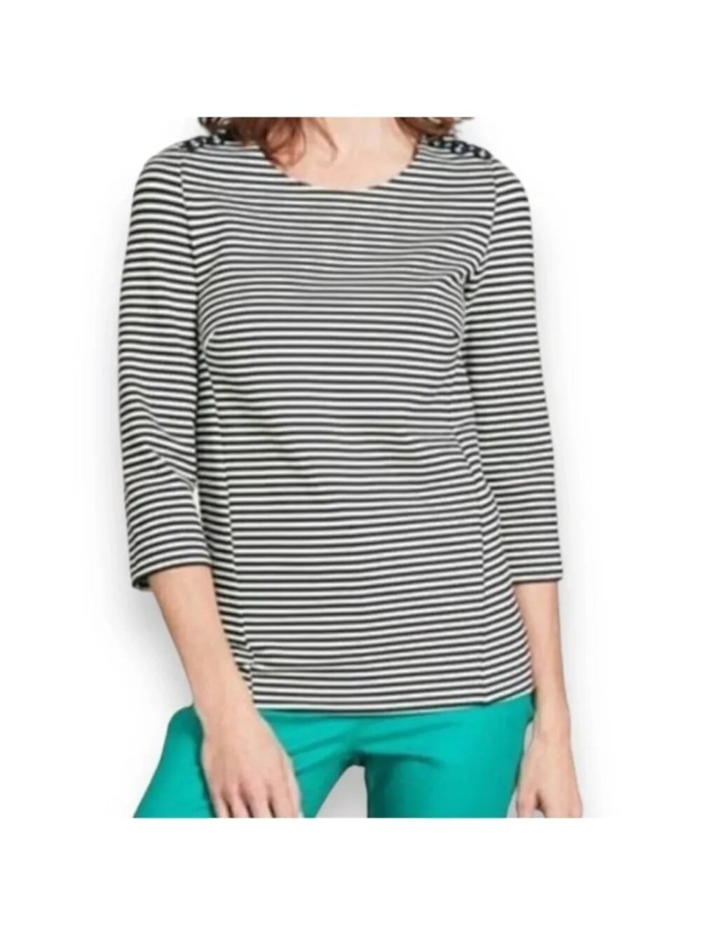 Boden Evie Ponte Knit Top Striped Anchor Buttons Navy Nautical Preppy, Size 4